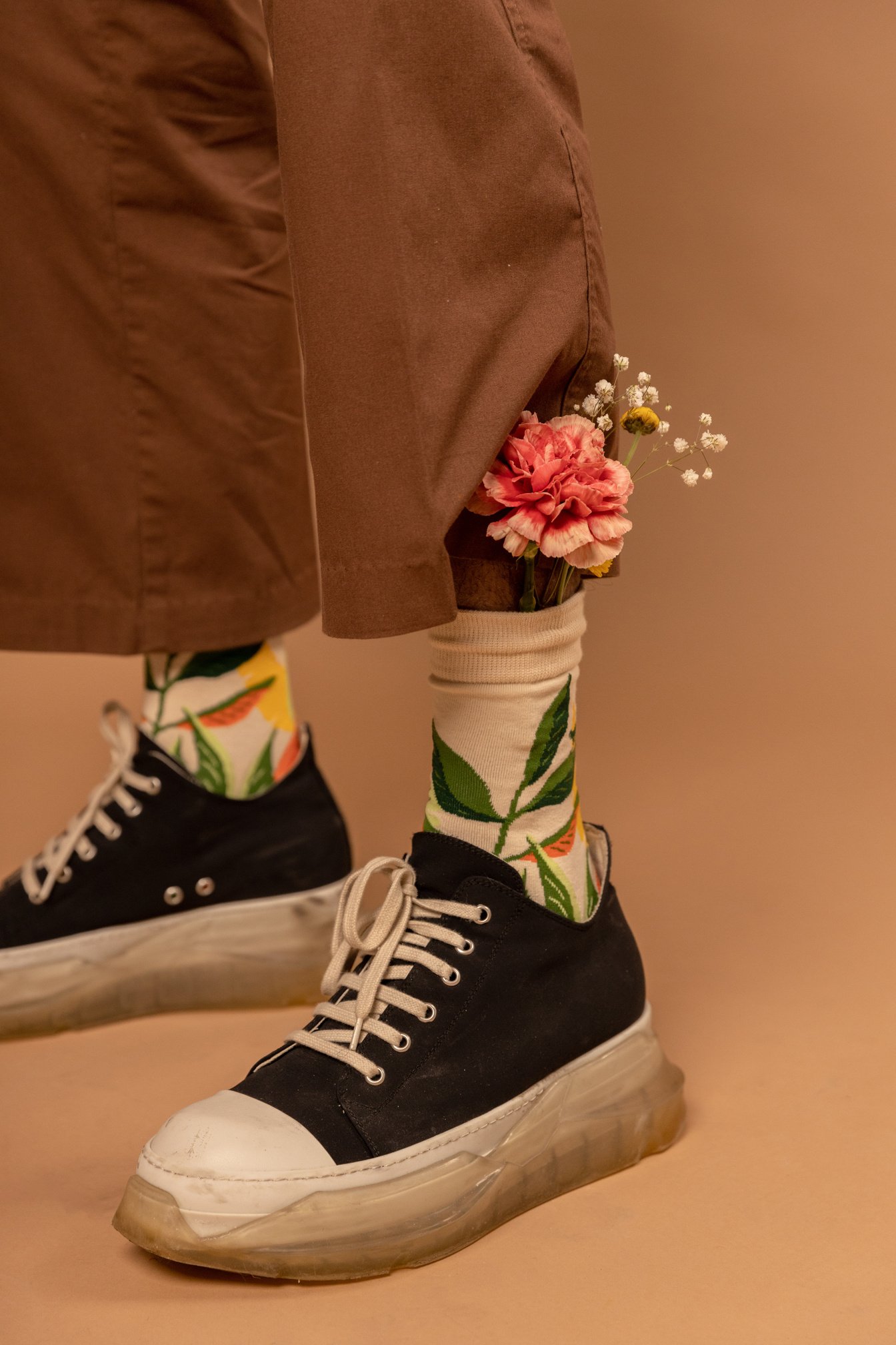 Floral Print Socks with Fresh Flowers